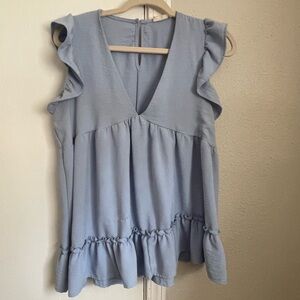 Altar'd State Blue Flutter Sleeve Ruffled Blouse